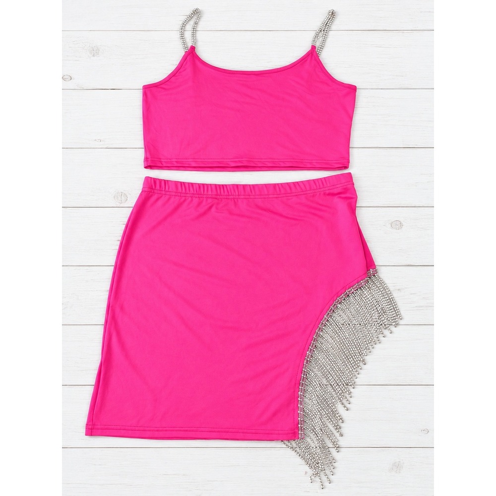 NWT Mundefeis Two Piece Skirt Set Rhinestone Fringe Hot Pink Clubwear Large